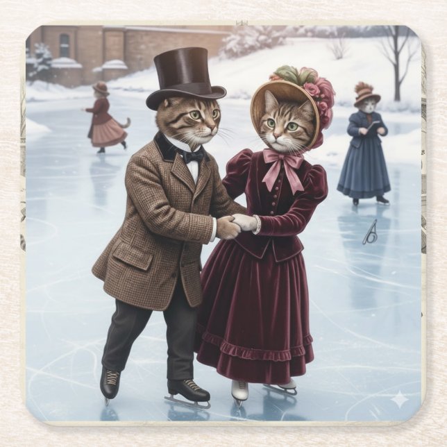 Victorian Skating Cats Paper Coaster Rechteckiger Pappuntersetzer (Vorderseite)
