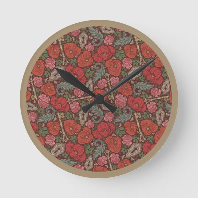Victorian Steampunk Old Lock Key Red Poppies Runde Wanduhr (Vorderseite)