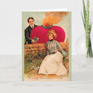 Victorian Valentinstagskarte mit brennendem Herzen Feiertagskarte