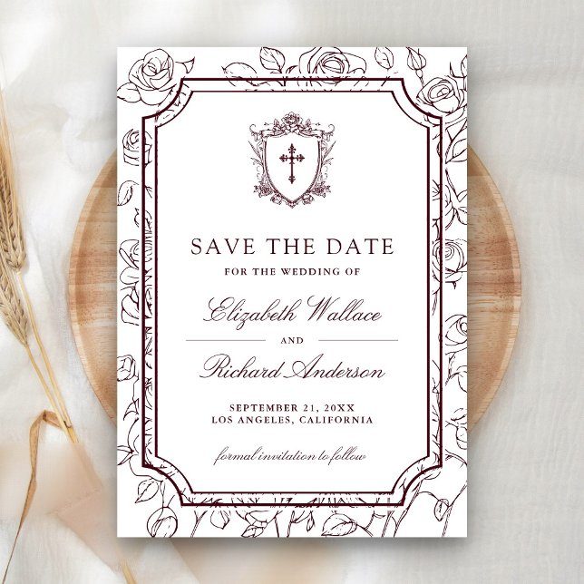Victorian White and Burgundy Catholic Wedding Save The Date (Von Creator hochgeladen)