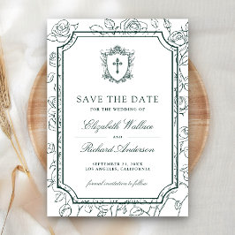 Victorian White and Emerald Green Catholic Wedding Save The Date
