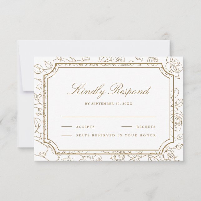 Victorian White and Gold Floral Line Art Wedding RSVP Karte (Vorderseite)