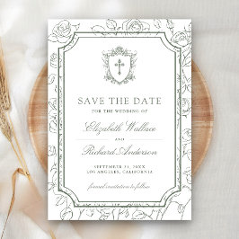 Victorian White and Sage Green Catholic Wedding Save The Date
