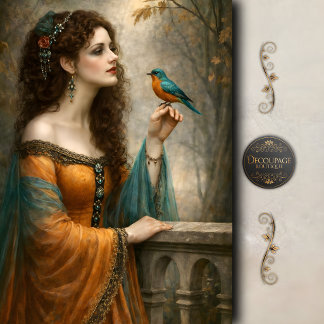 Victorian Woman Blue Bird Teal Elegance Decoupage Seidenpapier