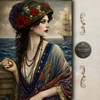 Victorian Woman by Sea Ship Nautical Decoupage Seidenpapier