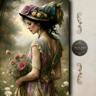 Victorian Woman Floral Bouquet Garden Decoupage Seidenpapier