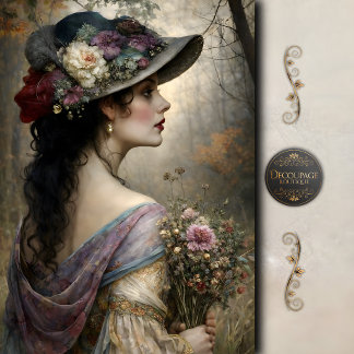 Victorian Woman Floral Hat Garden Decoupage Seidenpapier