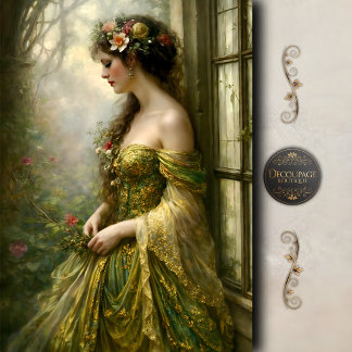 Victorian Woman Green Gold  Elegance Decoupage Seidenpapier
