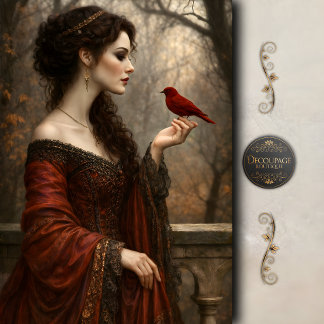 Victorian Woman with Red Bird Elegant Decoupage Seidenpapier