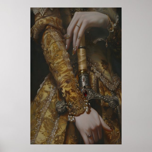 Victorian Woman with Sword in Gold Gown Medieval Poster (Vorne)
