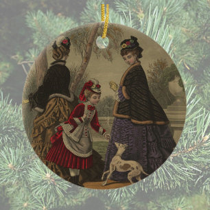 Victorian Women Girl & Dog On A Stroll Keramik Ornament
