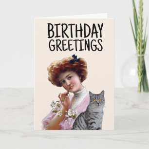 VICTORIANISCHE DAME MIT KATZE VINTAGE-Grußkarte Karte