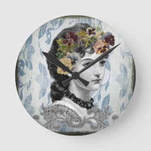 Victorianische Dame Stiefmütterchen auf Tapisserie Runde Wanduhr