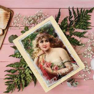 Victorianische Frau mit rosa Rosen zum Muttertag Feiertagspostkarte