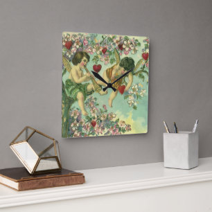 Victorianische Valentinstag-Putten Vintage-Herzbau Quadratische Wanduhr