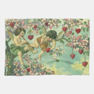 Victorianische Valentinstag-Puttis Vintage-Herzbau Handtuch