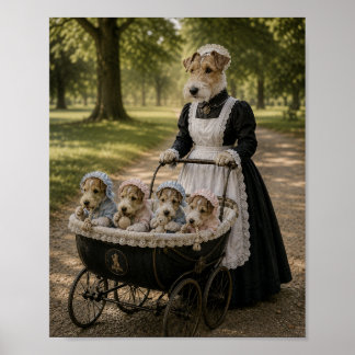 Victorianischer Terrier-Kindermädchen mit Welpen Poster