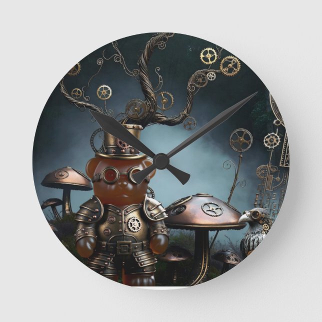 Victorianischer Uhrwerk-Gummibär-Mechanischer Rabe Runde Wanduhr (Vorderseite)