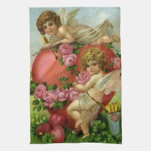 Victorianischer Valentinstag Vintage-Engel Herz Ro Geschirrtuch