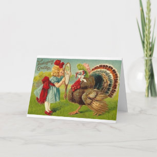 Victorianisches Mädchen und Truthahn Thanksgiving- Feiertagskarte