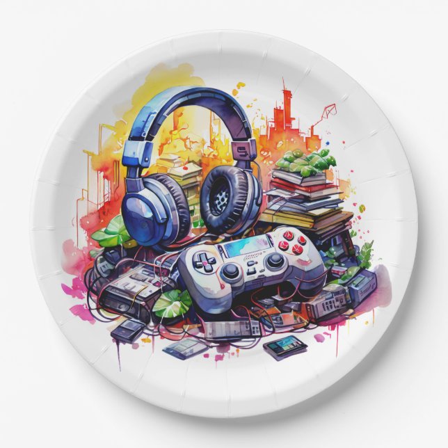 Video-Controller und Kopfhörer-Junge zum Geburtsta Pappteller (Vorderseite)