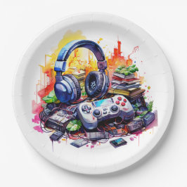 Video-Controller und Kopfhörer-Junge zum Geburtsta Pappteller