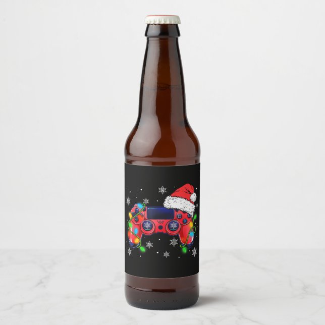 Video Game Controller Christmas Santa Hat Gamer Bo Bierflaschenetikett (Vorderseite)