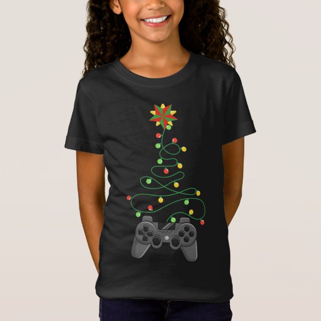 Video Game Controller Weihnachtsbaum Lichter Funny T-Shirt (Vorderseite)