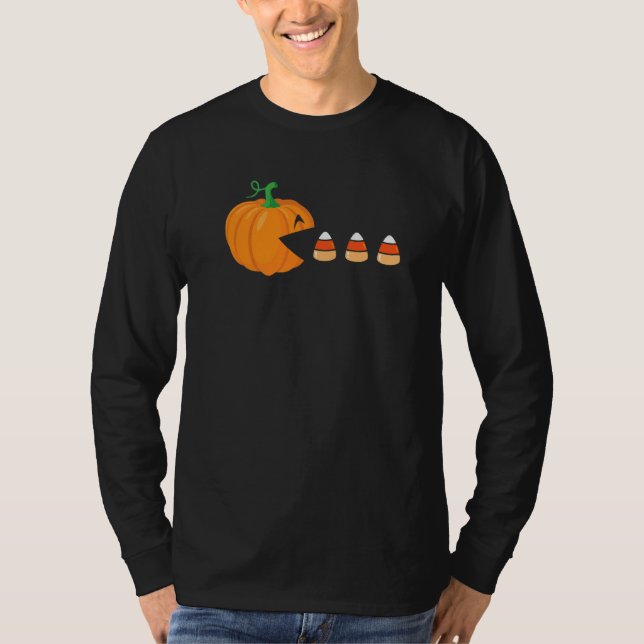Video Game Halloween Cute Pumpkin Eating Candy Cor T-Shirt (Vorderseite)