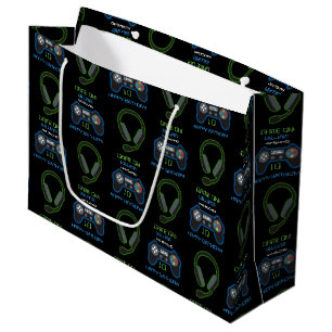 Video Game Neon Blue & Green Geburtstagsname Große Geschenktüte