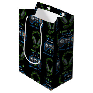 Video Game Neon Blue & Green Geburtstagsname Mittlere Geschenktüte
