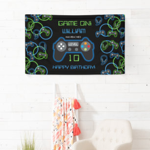 Video Game Neon Blue & Green Geburtstagsparty Banner
