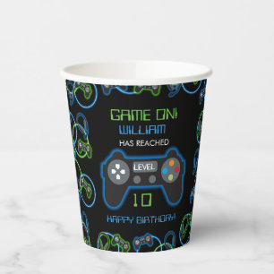 Video Game Neon Blue & Green Geburtstagsparty Pappbecher