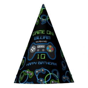 Video Game Neon Blue & Green Geburtstagsparty Partyhütchen