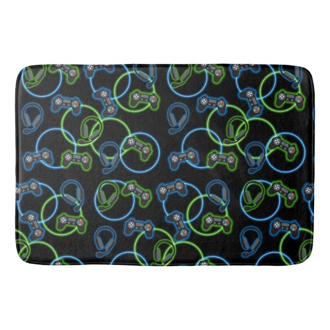 Video Game Neon Blue & Green Muster Badematte (Vorderseite)