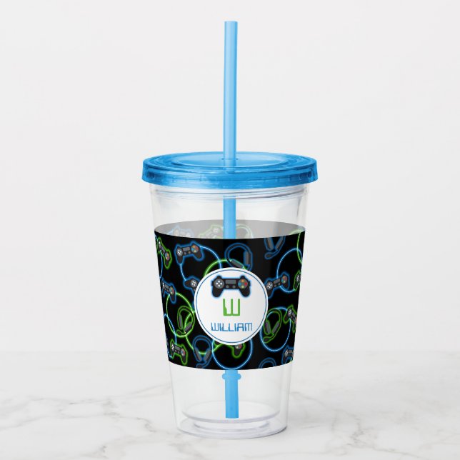 Video Game Neon Blue & Green Muster Monogram Acryltrinkbecher (Vorderseite)