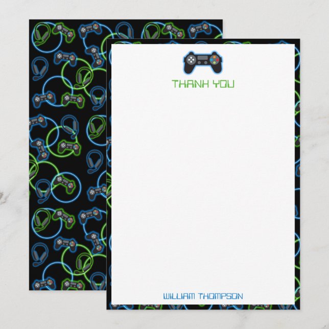 Video Game Neon Blue & Green Muster Monogram Dankeskarte (Vorne/Hinten)