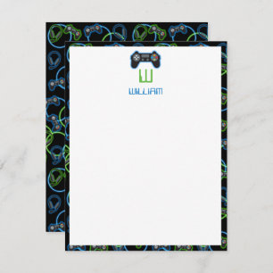 Video Game Neon Blue & Green Muster Monogram Mitteilungskarte