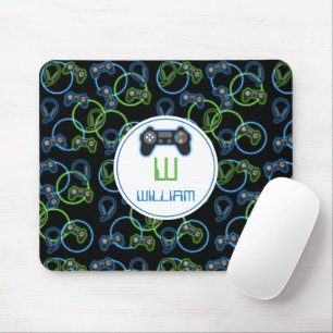 Video Game Neon Blue & Green Muster Monogram Mousepad