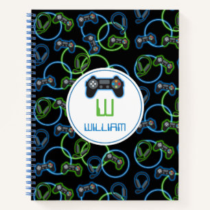 Video Game Neon Blue & Green Muster Monogram Notizbuch
