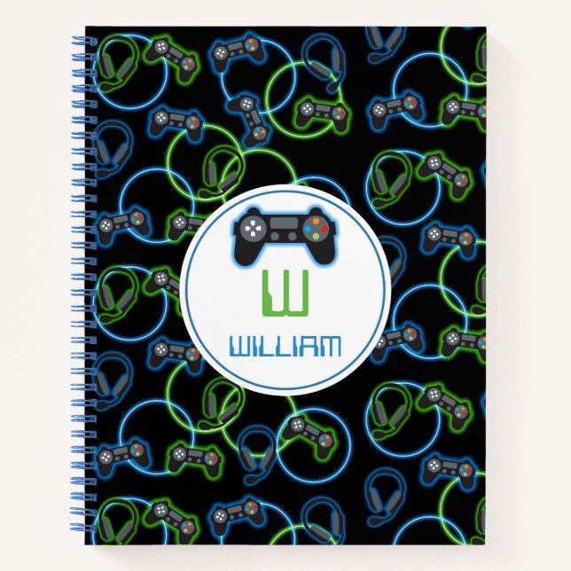 Video Game Neon Blue & Green Muster Monogram Notizbuch (Vorderseite)