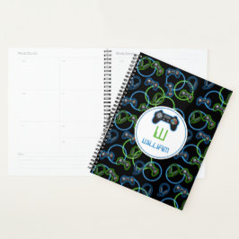 Video Game Neon Blue & Green Muster Monogram Planer
