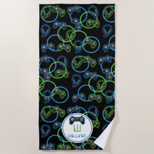 Video Game Neon Blue & Green Muster Monogram Strandtuch