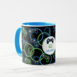 Video Game Neon Blue & Green Muster Monogram Tasse