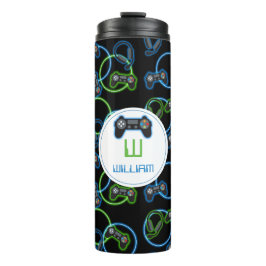 Video Game Neon Blue & Green Muster Monogram Thermosbecher