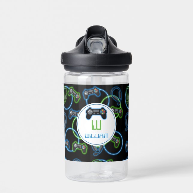 Video Game Neon Blue & Green Muster Monogram Trinkflasche (Vorne)