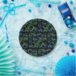 Video Game Neon Blue & Green Muster Pappteller