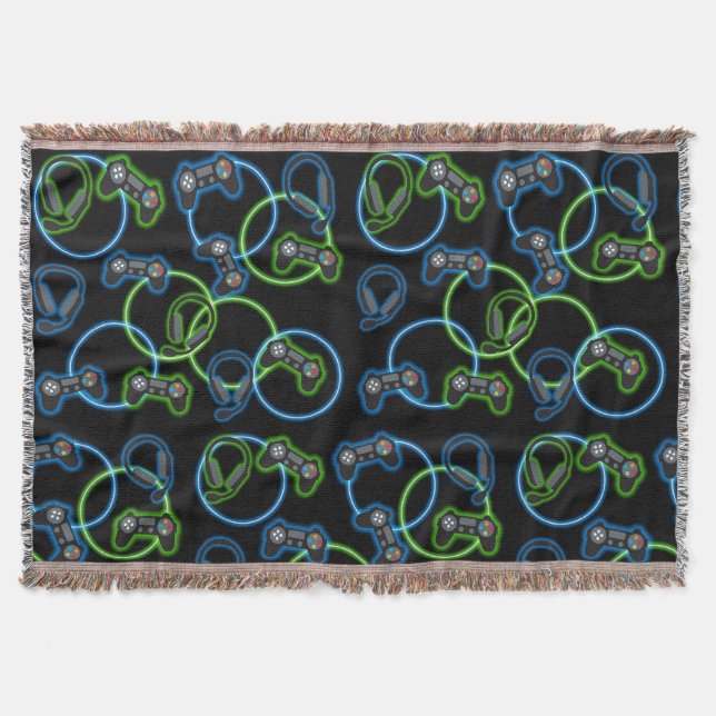 Video Game Neon Blue & Green Pattern  Decke (Vorderseite)