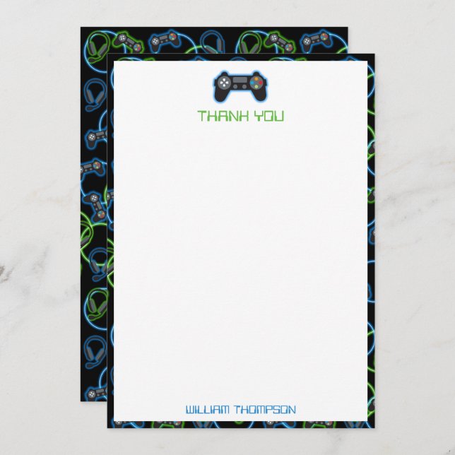 Video Game Neon Blue & Green Pattern Monogram Dankeskarte (Vorne/Hinten)