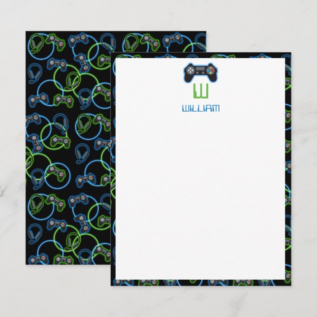 Video Game Neon Blue & Green Pattern Monogram Mitteilungskarte (Vorne/Hinten)